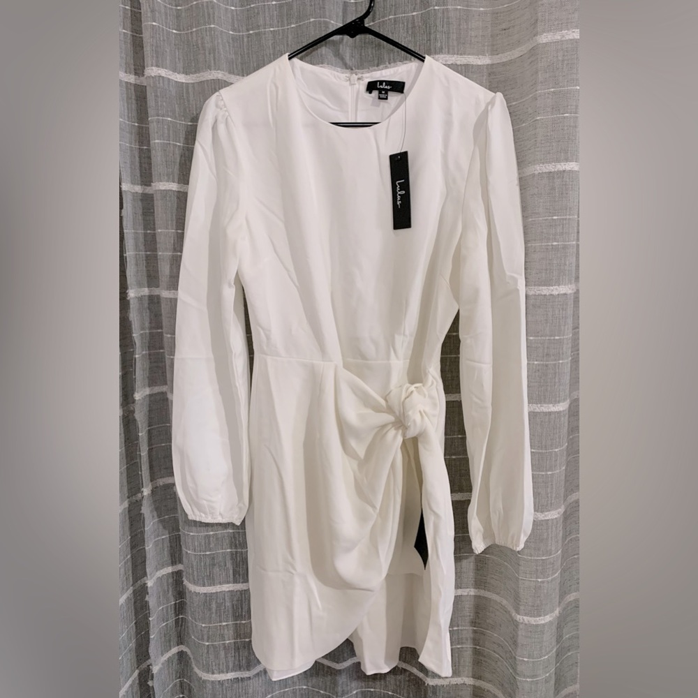 Lulus “Believe it or Knot White Long Sleeve Tie-Front Skater Dress”